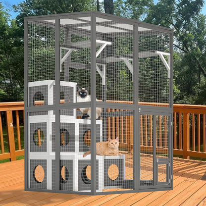 Outdoor Wooden Cat Large Solid Wood Cat Cage Playpen with 2 Jumping Platforms & 7 Napping Houses, Walk-in Cat Kennel Condo Shelter, Grey Weather-Resistant Outdoor Lawn