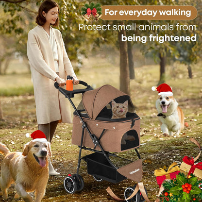 Pet Stroller,Dog Stroller for Small Medium Dogs Cats,3 Wheels,Foldable,with Breathable Mesh Canopy,Cup Holders,Easy Assembly,Deep Brown