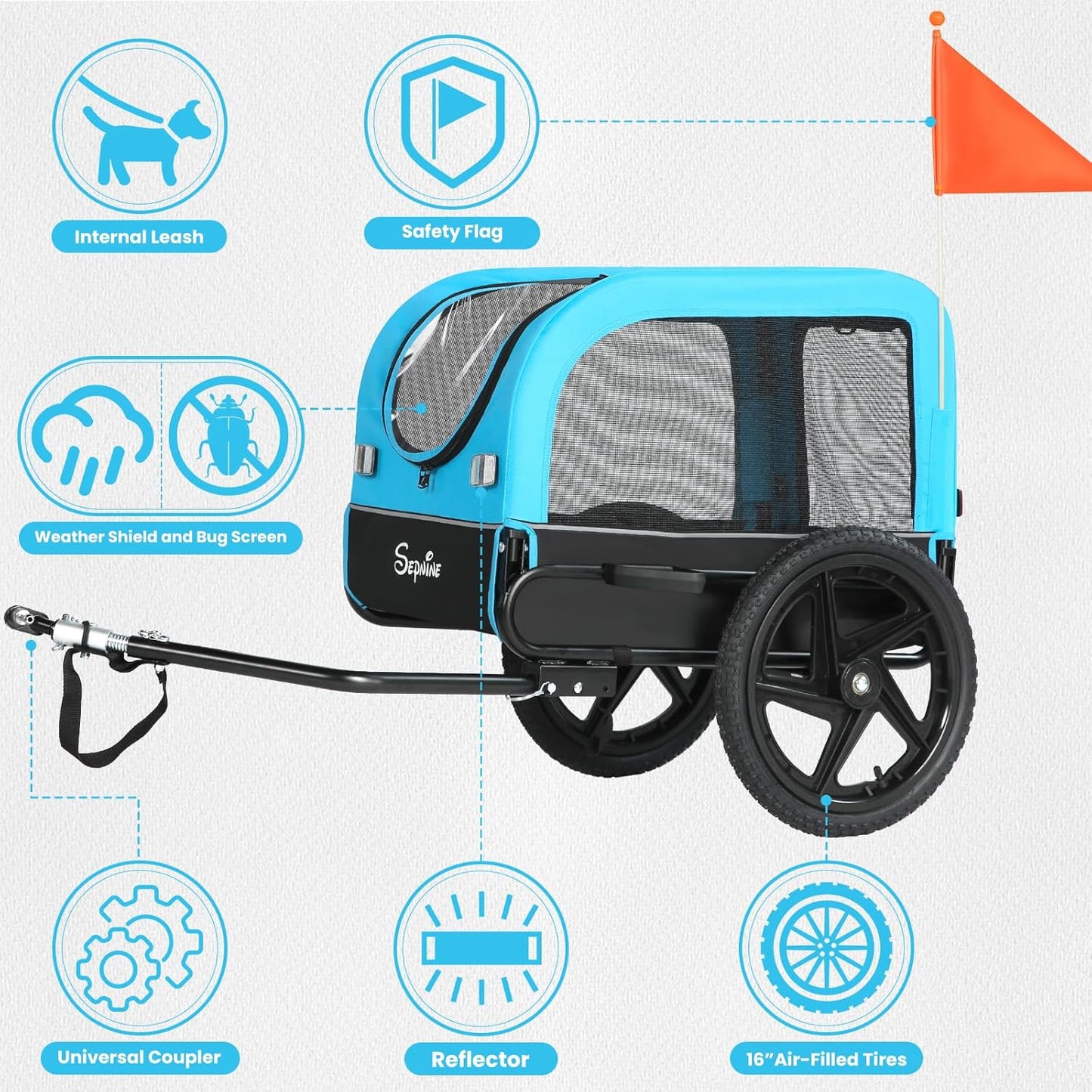 Sepnine Dog Bike Trailer, Dog Cart for Bicycle, Suitable for Small and Medium Pets, Easy Folding Cart Frame, Quick Release Wheel, Non-Slip Floor, Internal Leash, 66LBS