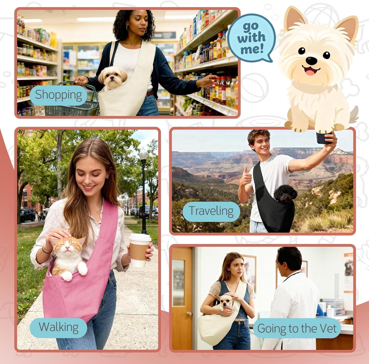 YUDODO Fashion Dog Sling Carrier for Small Dogs Lightweight Crossbody Pet Bag with Safety Strap, Pocket Storage, Machine Washable, Comfortable Travel & Outdoor Sling up to 9 lbs Pink