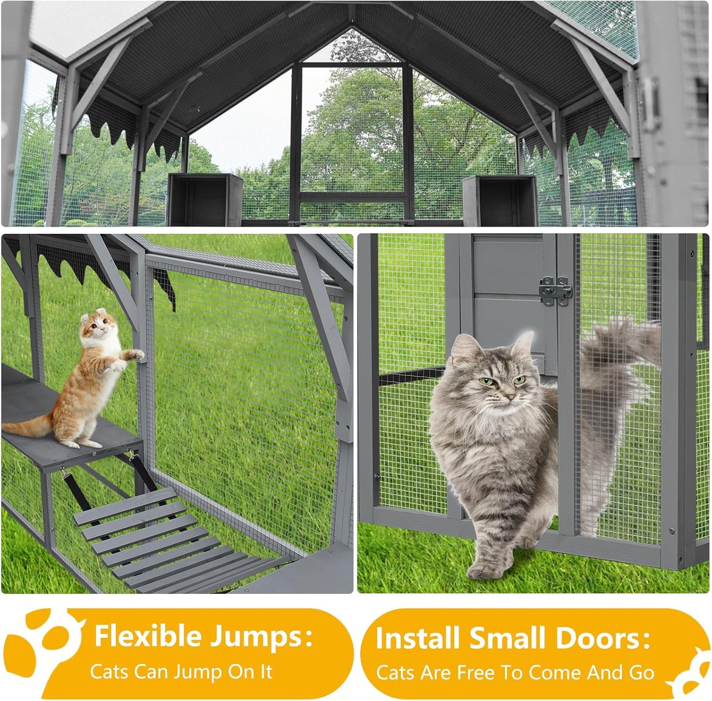 110" Large Outdoor Cat House Catio, Wooden Cat Enclosure for Multiple Cats with Platforms, Resting Box and Bridges, Feral Cat Shelter Kitten Playpen w/Waterproof & UV Proof Canopy, Grey