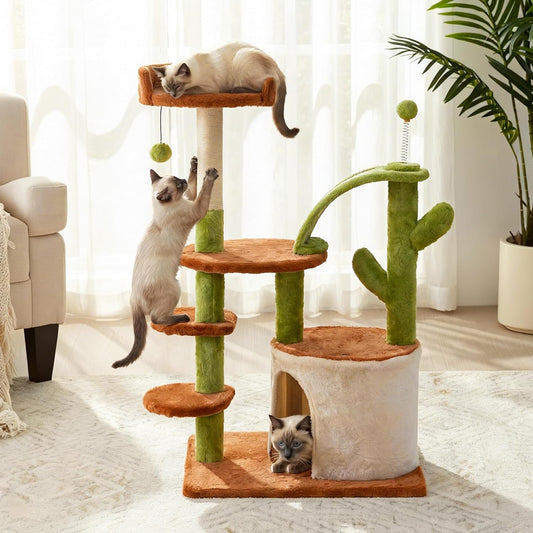 Cactus Cat Tree for Indoor Cats, Multi-Level Tower with Sisal Scratching Posts, Stable Cat Condo with Perches and Steps, 36.6", Brown