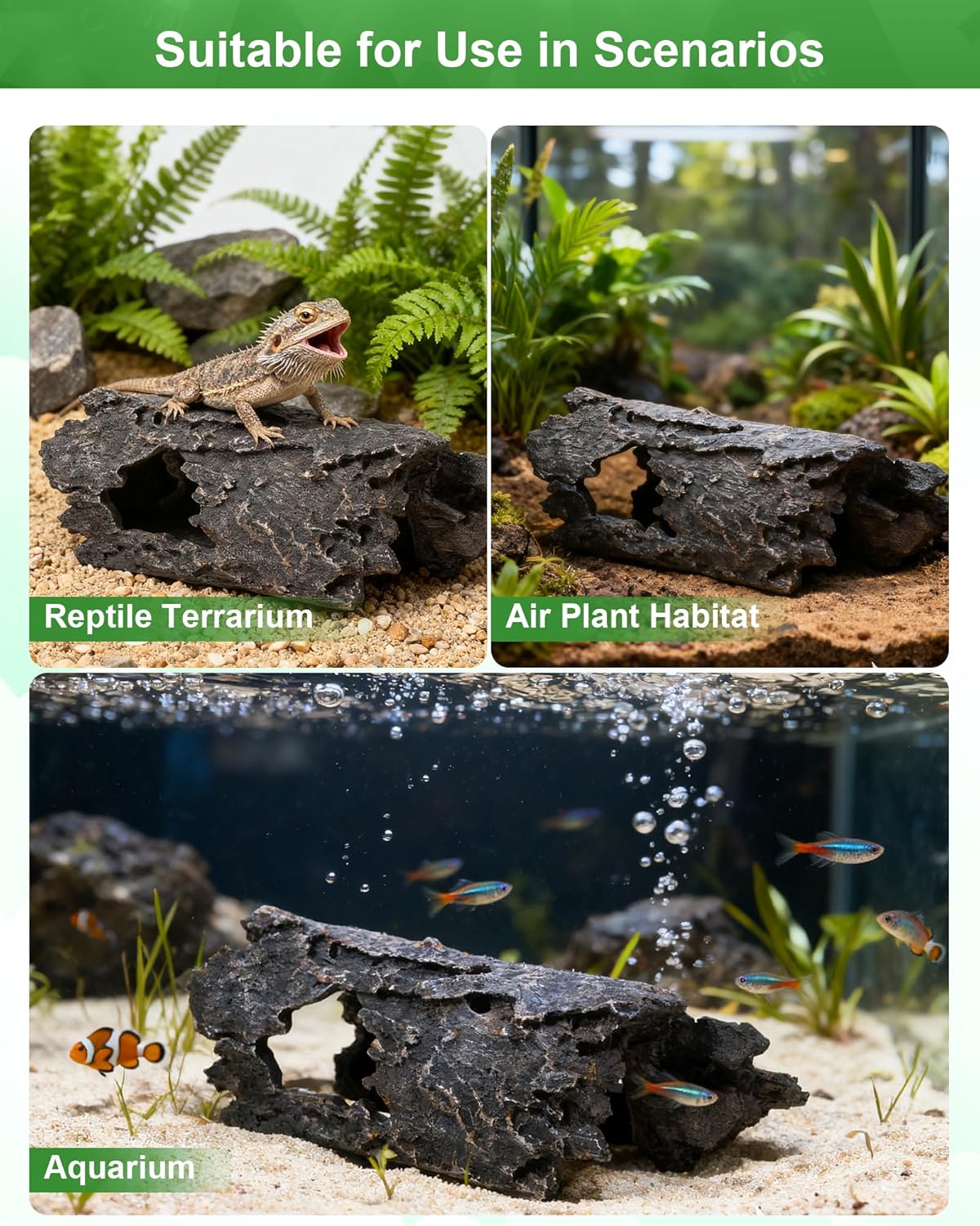 TRUVIC Reptile Habitat Decor Kit: Resin Tree Trunk Reptile Hide & Dual Feeding Dish Set