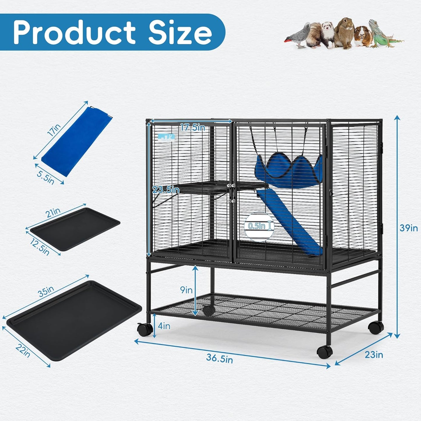 HABUTWAY 40''H Large Metal Rolling Ferrets Cage, 2-Tiers Small Animal Cages, Cage for Rats/Chinchillas, 0.5'' Bar Spacing for Ferret,Small Animal Cage w/Removable Ramp & Platform
