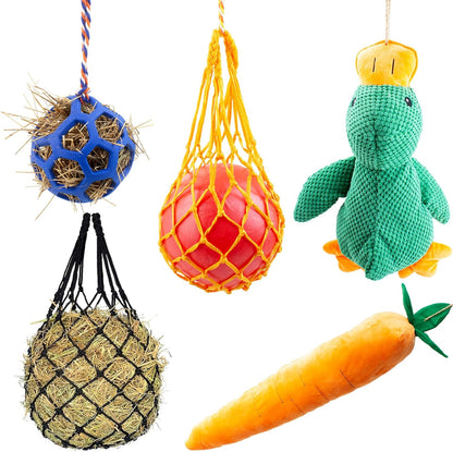 Horse Toys for Horses 5 PCS Set, Goats Enrichment Toys, Including Hay Net, Hay Ball, Toy Ball, Squeaky Duck, Plush Carrot Toy with Hanging Ropes for Goat,Sheep to Play with, Relieve Stress