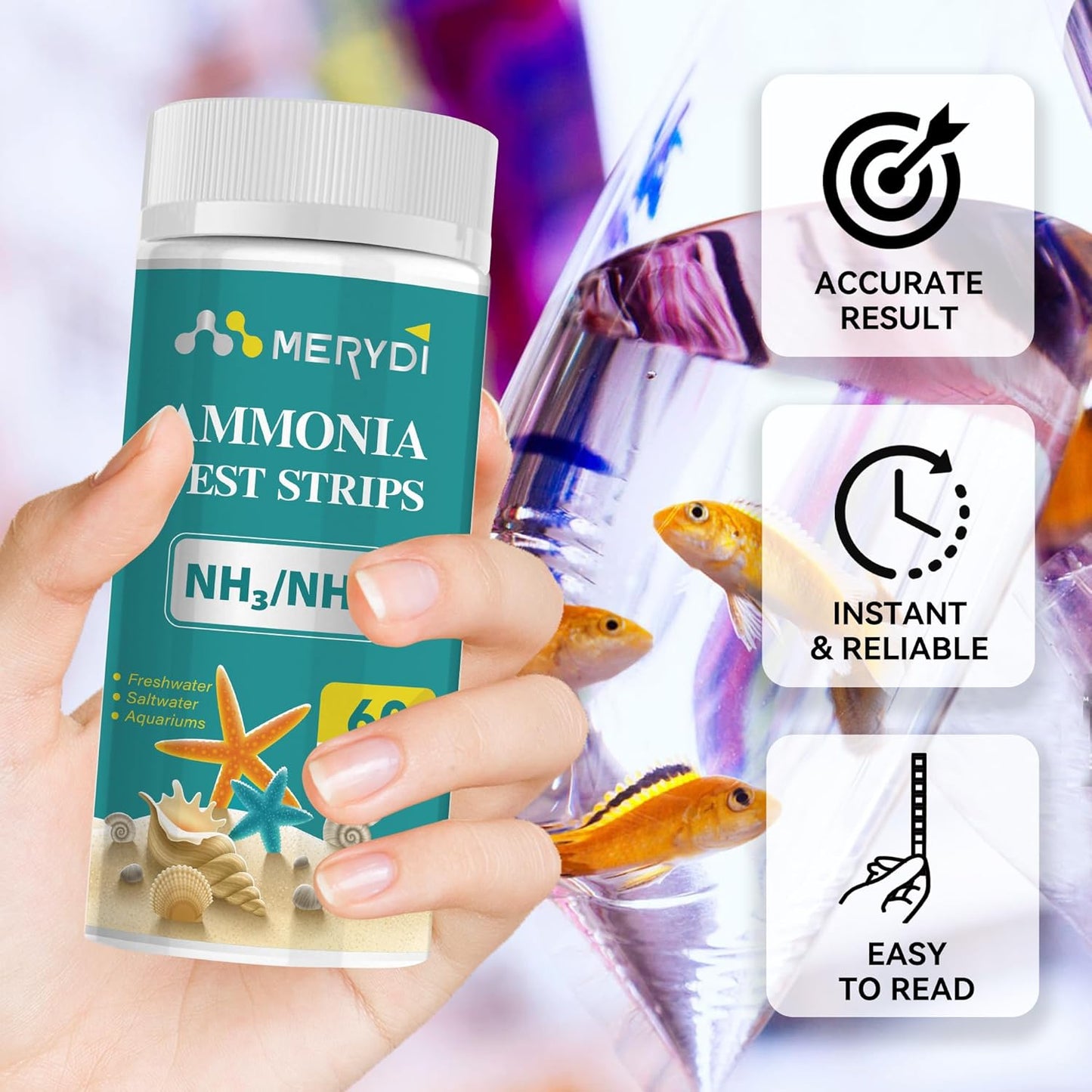 Ammonia Test Strips,60 Strips Aquarium Test Kit for Fish Tanks & Ponds, Quick & Accurate Freshwater Saltwater Testing Strips