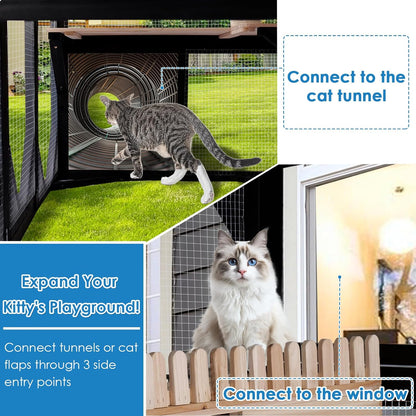 FunXplore Large Catio Outdoor Cat Enclosure Window 73" H Walk-in Cat House Kitty Cage for Multiple Indoor Outdoor Cats Outside Patio with 5 Access Doors Waterproof Roof