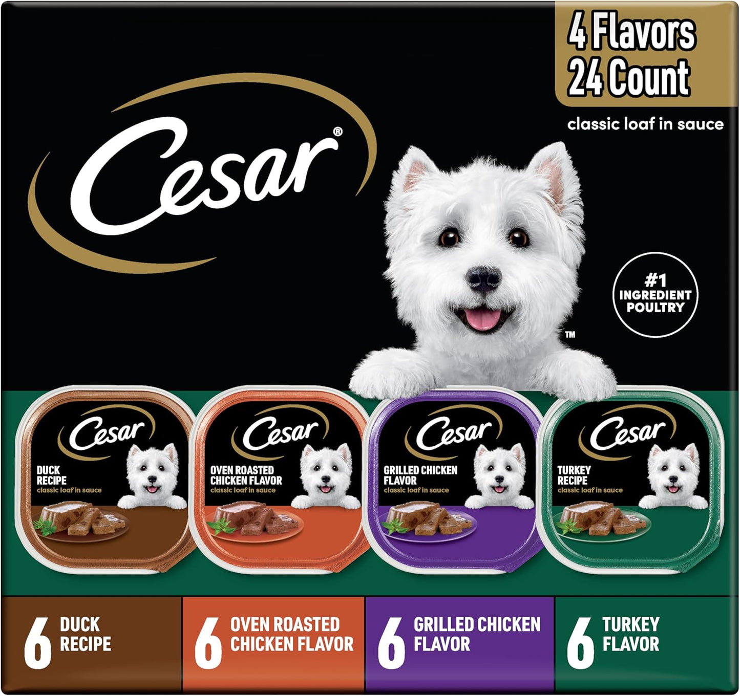 Cesar Wet Dog Food Classic Loaf in Sauce, Duck Recipe, Oven Roasted Chicken Flavor, Grilled Chicken Flavor, and Turkey Flavor, 3.5 oz. Easy Peel Trays, Variety Pack 24 Count (Pack of 1)