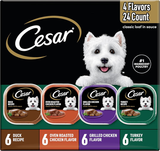 Cesar Wet Dog Food Classic Loaf in Sauce, Duck Recipe, Oven Roasted Chicken Flavor, Grilled Chicken Flavor, and Turkey Flavor, 3.5 oz. Easy Peel Trays, Variety Pack 24 Count (Pack of 1)