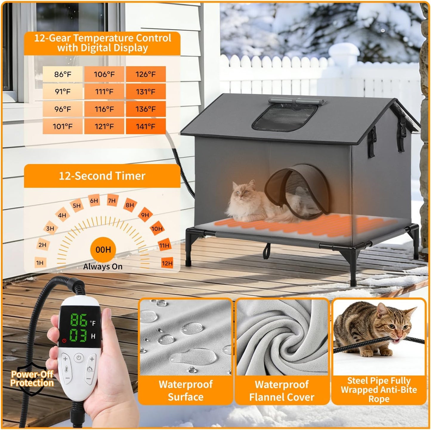 Large Heated Cat House for Outside, Weatherproof Insulated Indoor Outdoor Cat House with Adjustable Heating Pad, Escape Door & Elevated Base, Warm Shelter for Feral Stray Barn Cats, 25”Lx19”Wx22”H