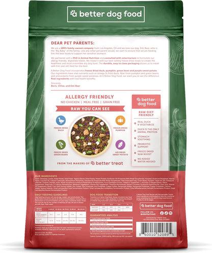A Better Treat | Allergy Friendly Duck Dry Dog Food | Raw You Can See | No Chicken, Duck Only Animal Protein, No Meal Ingredients, Grain Free | Stomach Soothing Kibble + Freeze Dried Raw Dog Food