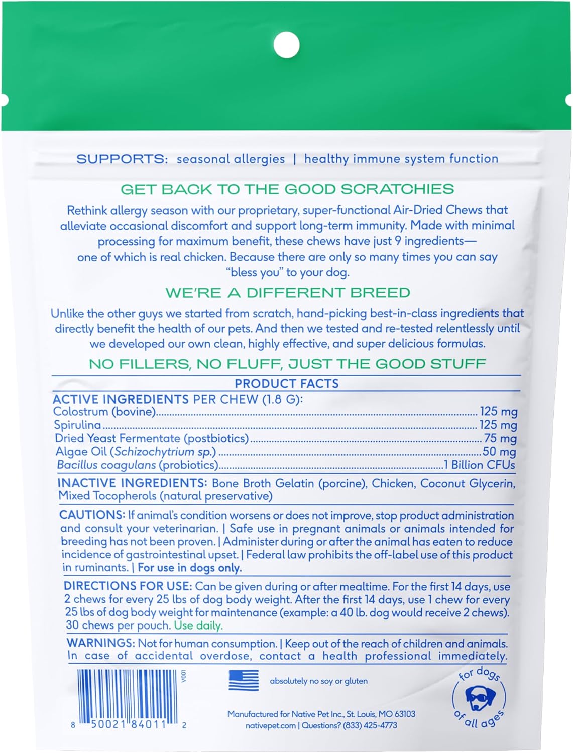 Native Pet Dog Allergy Chews - Dog Allergy Relief with Probiotics and Colostrum for Itchy Skin Relief to Support Seasonal Allergy and Healthy Immune System - All Natural Anti-Histamine - 30 Chews