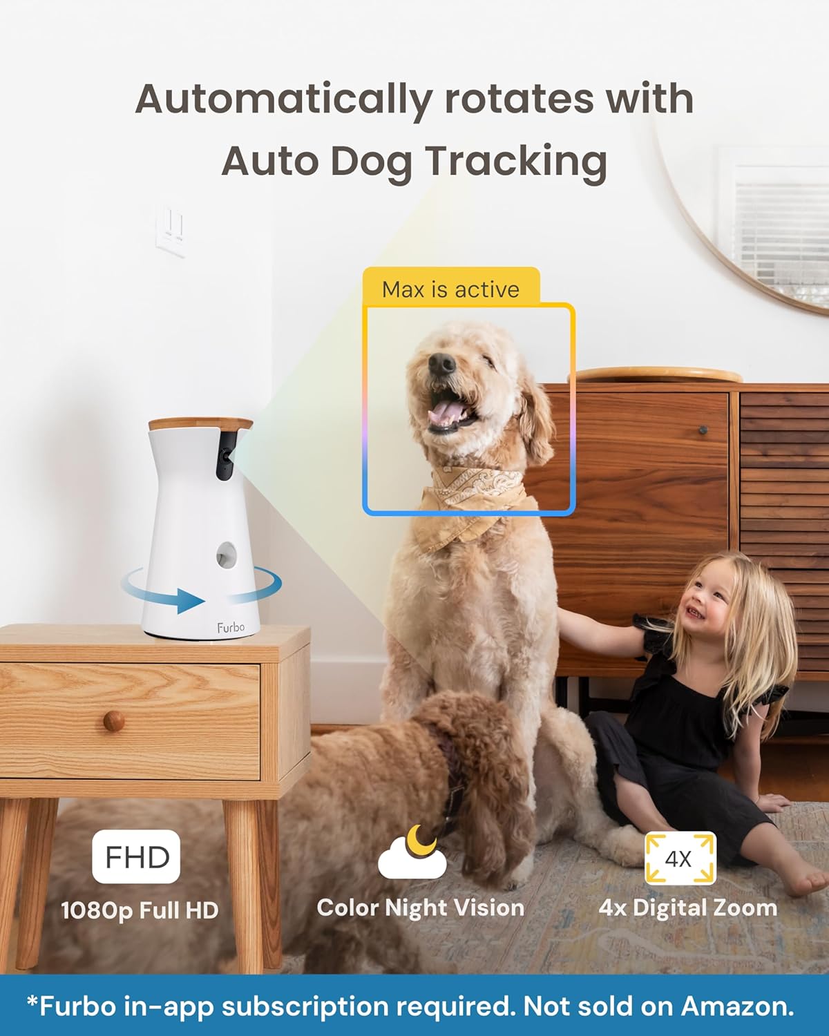 Furbo 360° Dog Camera [Subscription Required] Unlock w/Paid Plan: Home Security & Dog Safety Alerts, Rotating Pet Treat Toss w/ 2-Way Speaker, Smart Cam w/Phone App (Low Risk, 3mo Min. Cancel Anytime)