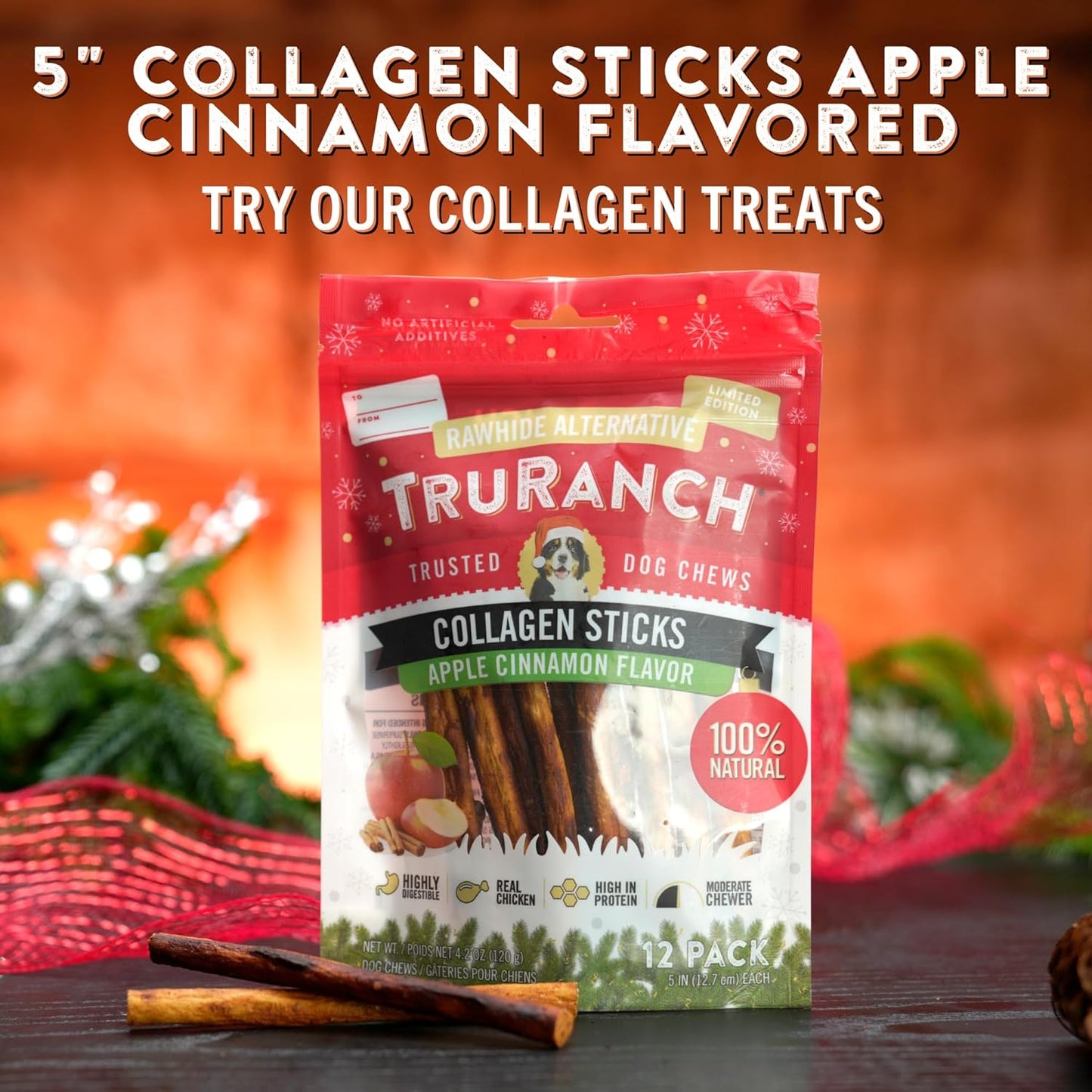 TRURANCH 5" Collagen Sticks Apple Cinnamon Flavored - 1 Bag, 12 Count, Holiday Limited Edition, Stocking Stuffer, Rawhide Free, Limited Ingredients Dog Chew