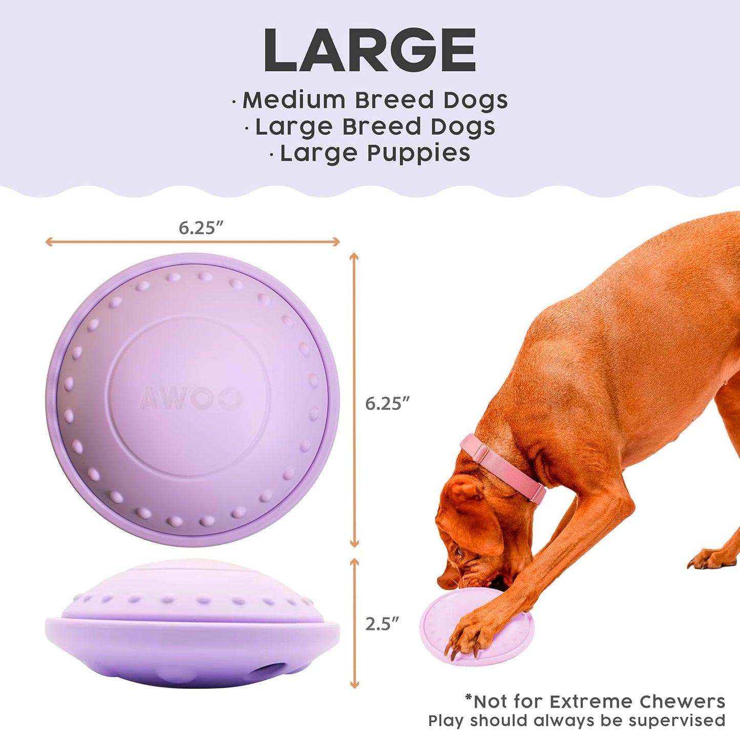 Awoo Flying Saucer Toy - 3-in-1 Silicone Dog Treat Puzzle, Lick Mat and Slow Feeder - for Wet and Dry Food - Dishwasher Safe Pet Toy - Enrichment Game for Dogs from 30 to 90 lbs - Large (Lavender)