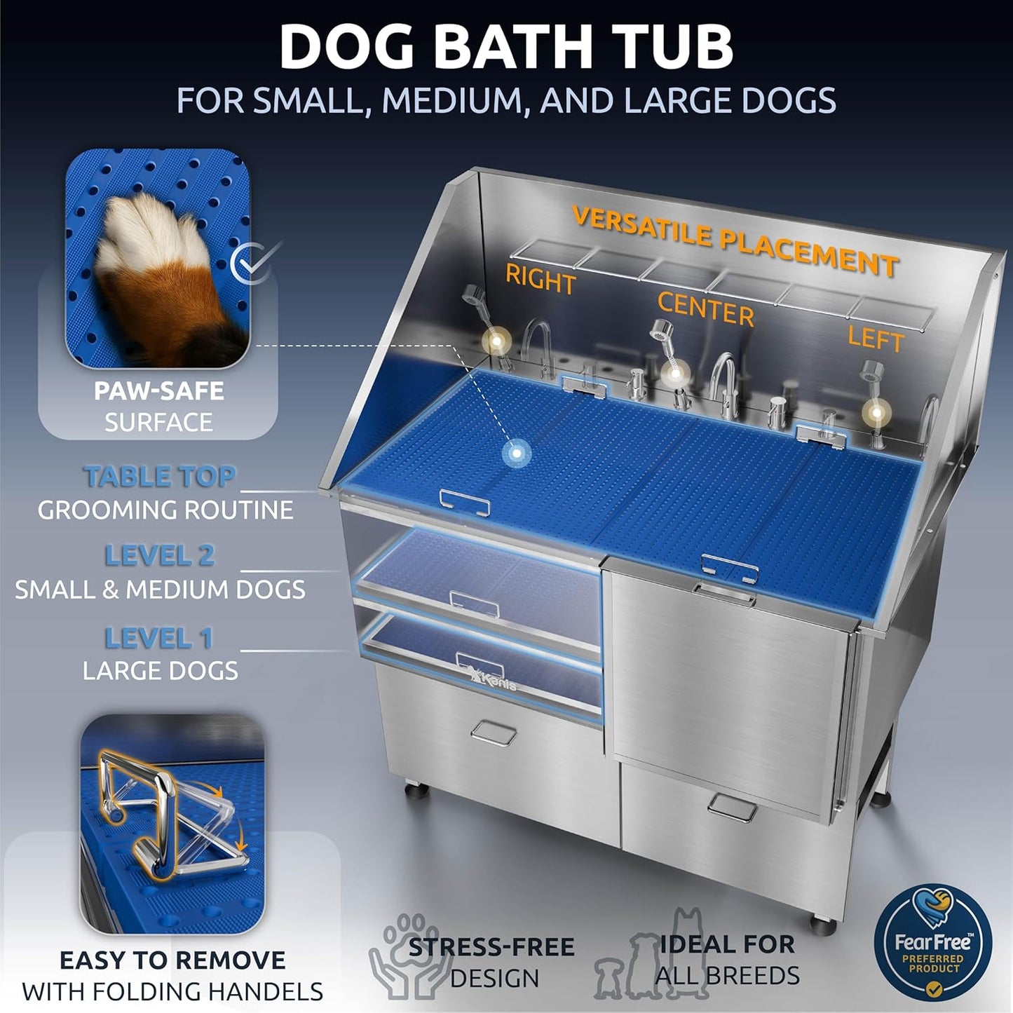 KANIS Professional Dog Washing Station - 304 Stainless Steel Pet Wash Sink & Grooming Bathtub w/Shower, Floor Grates and Storage for Large, Medium & Small Pets (50", 2 Drawers - Right Ramp)