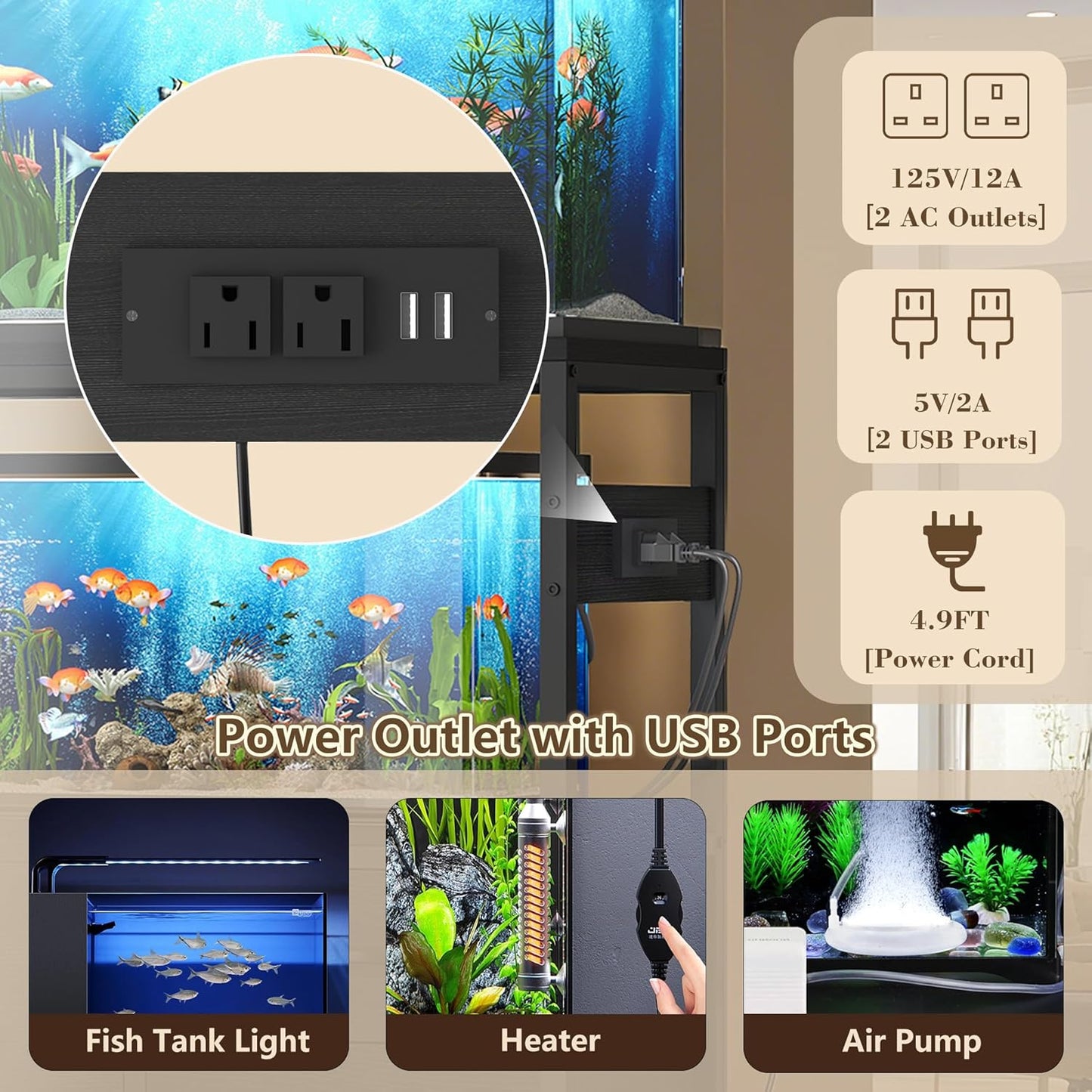 Heybly 20-29 Gallon Fish Tank Stand, Aquarium Stand with Drawer, Power Outlet, Heavy Duty Metal Frame, for Fish Tank, Turtle & Reptile Terrarium, 31.5" x 15.7" Top, 330lbs, Black HAS001BK