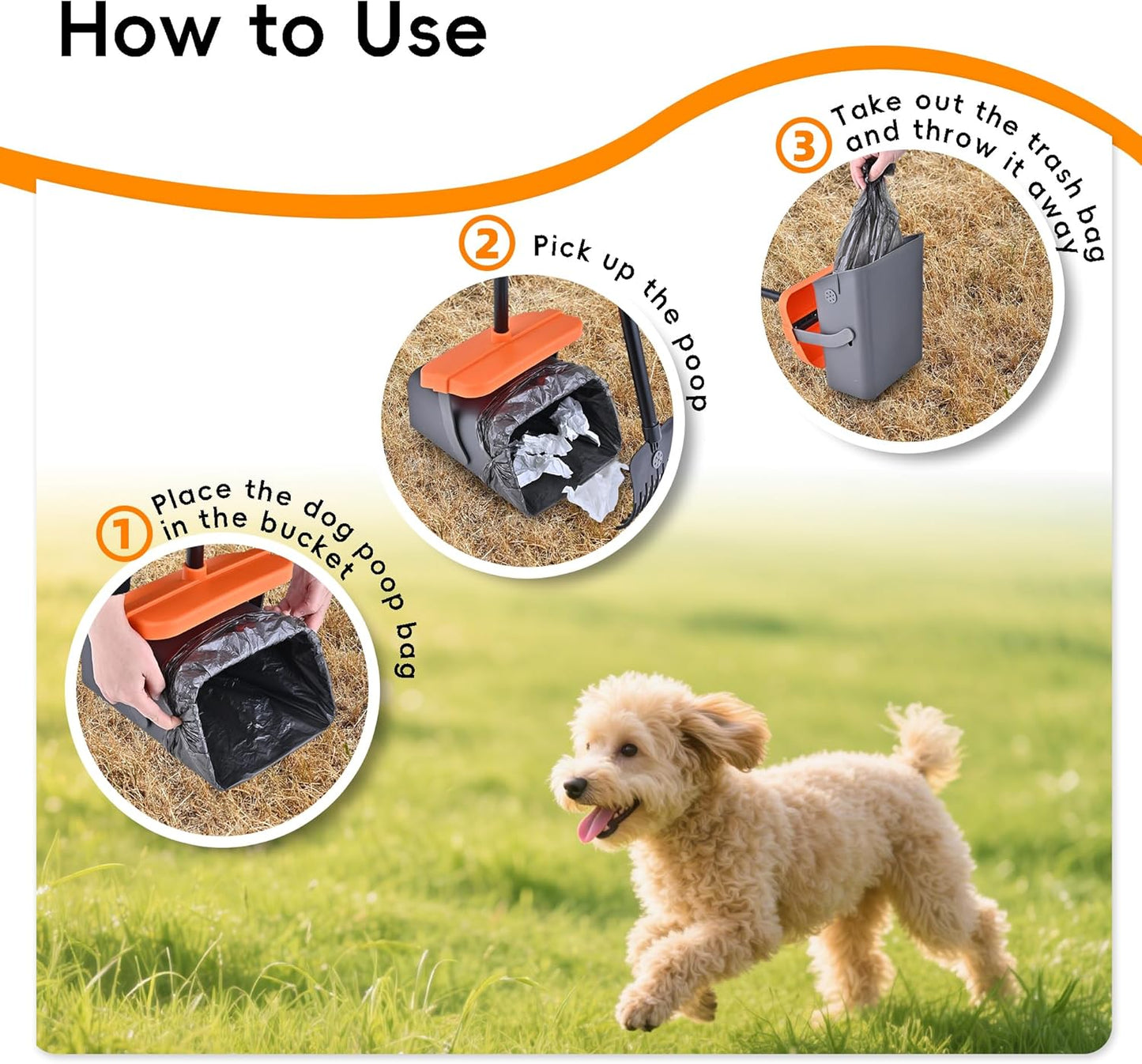 Pooper Scooper Swivel Bin & Rake with 100 Waste Bags and 10pairs of glovesDog Pooper Scooper with Bag Attachment for Large Medium Small Dogs