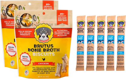 Brutus Bone Broth Bundle Pack - Chicken Biscuits Dog Treats, Pack of 2 (8oz) and Bone Broth Powder, Pack of 5 (6g) - All Natural with Glucosamine, Chondroitin & Turmeric
