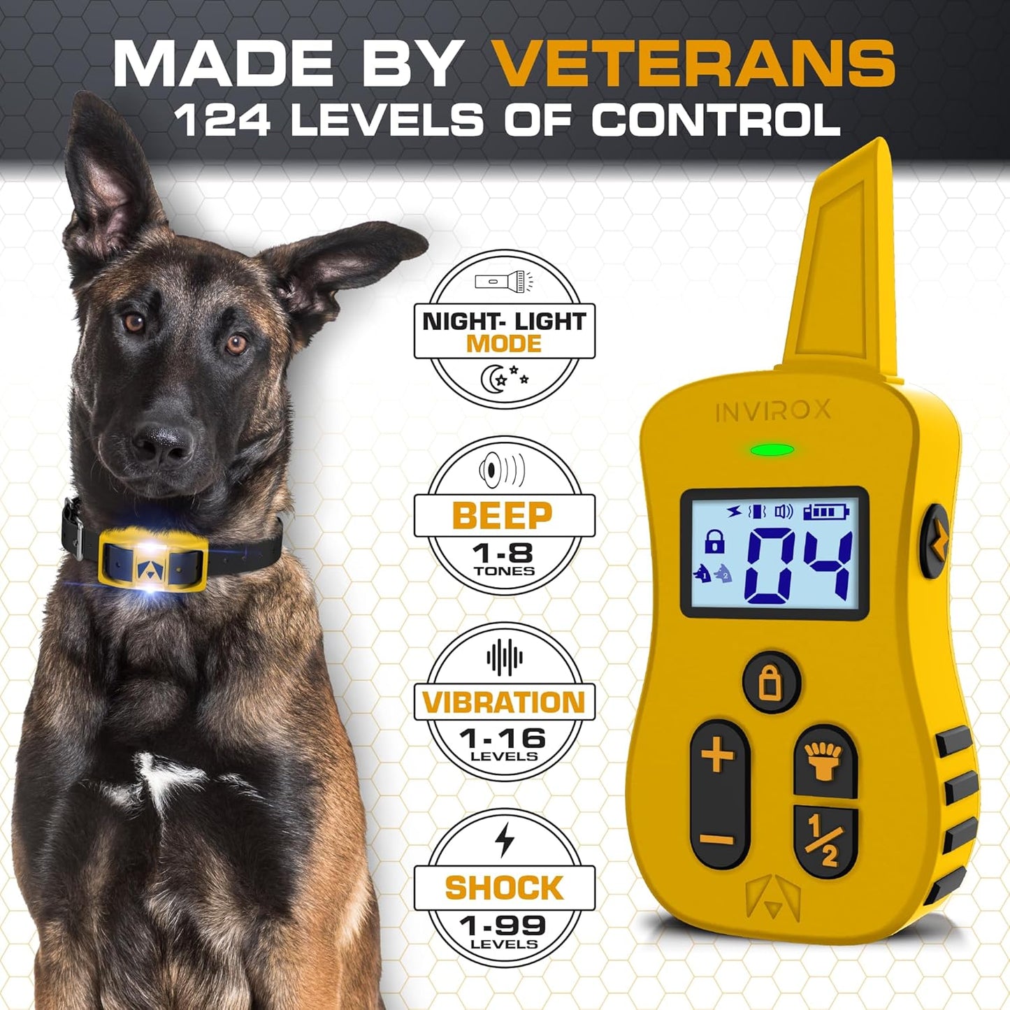 INVIROX E Collar for Dog [Ultra K9] 124 Training Levels, 4 Powerful Modes with Night-Light and ¾ Mile Range 100% Safe Dog Training Collar for Large Dogs IP67 Waterproof