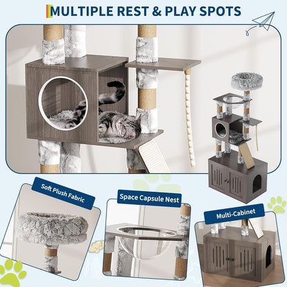 66.9-Inch Cat Tree Tower with Litter Box Enclosure, Multi-Level Cat Furniture Featuring Hammock and Washable Cushions, Indoor Cat Tower for Play, Rest, and Privacy