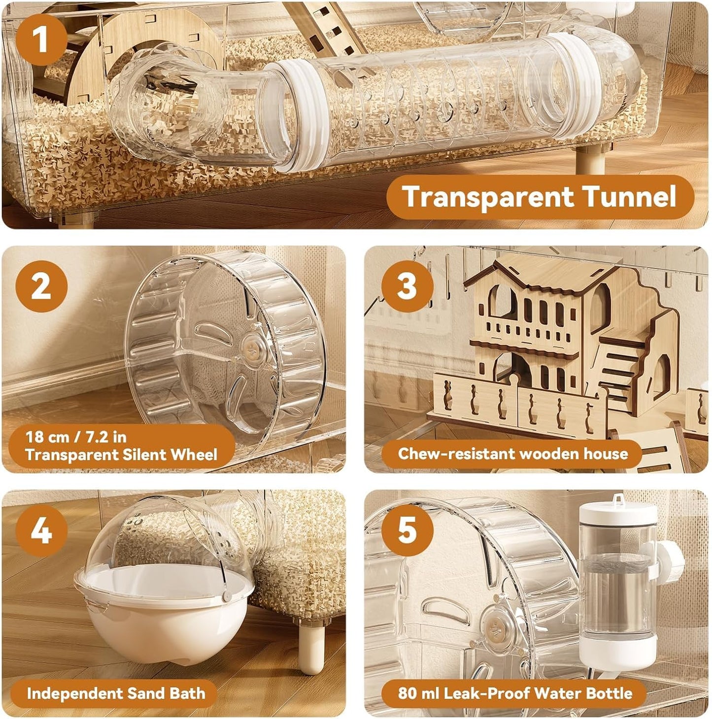 9-in-1 Acrylic Hamster Cage, Clear Dwarf Hamster Cage, with Tubes and All Accessories, 2-Tier Mouse Habitat, Easy to Clean, Suitable for Small Pets