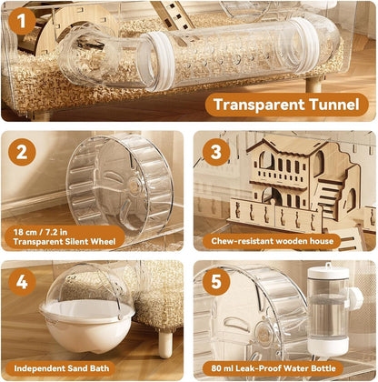 9-in-1 Acrylic Hamster Cage, Clear Dwarf Hamster Cage, with Tubes and All Accessories, 2-Tier Mouse Habitat, Easy to Clean, Suitable for Small Pets