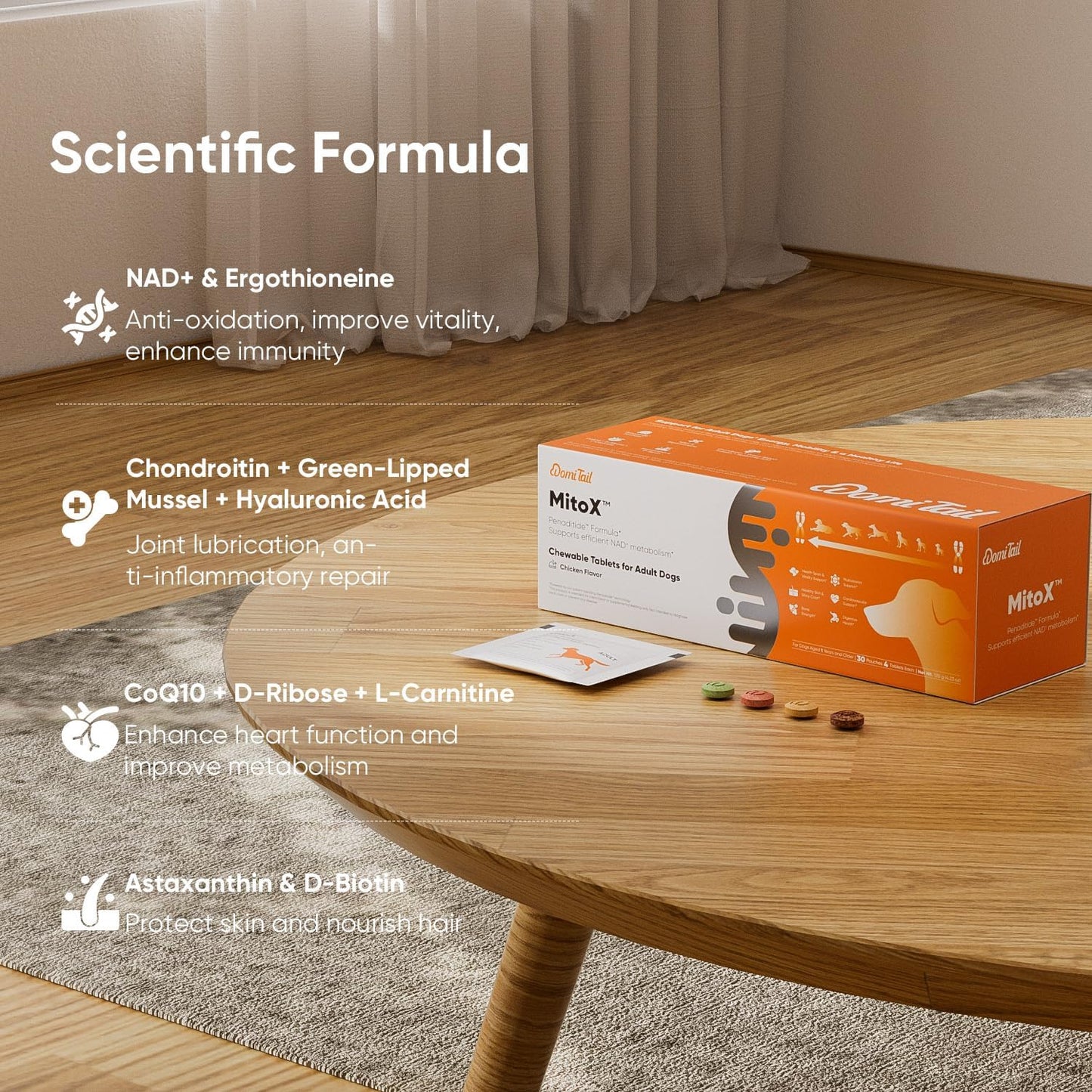 Adult Dog Nutrition Supplements – Vitality, Joint, Heart & Skin Support – with NAD+, Chondroitin, CoQ10, Astaxanthin – All Breeds 1+ – 30 Sachets, 4ct Each – Chicken Flavor