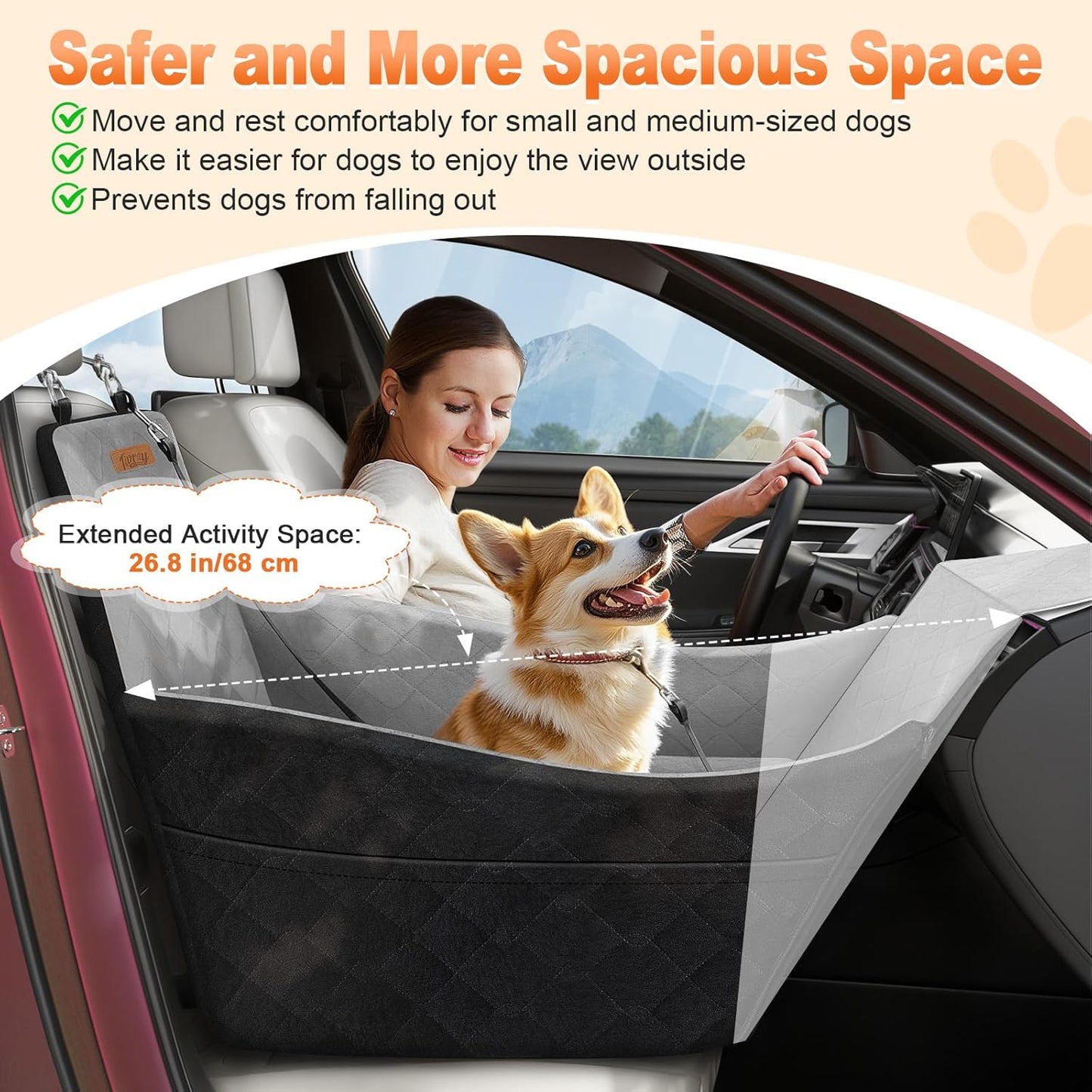 Elevated Dog Car Seat, Dog Booster Car Seats for Small & Medium Breeds Up to 35lbs, Fully Detachable and Washable, Memory Foam Pet Carseat with 2 Storage Pockets & 3 Safety Belts, Black & Gray