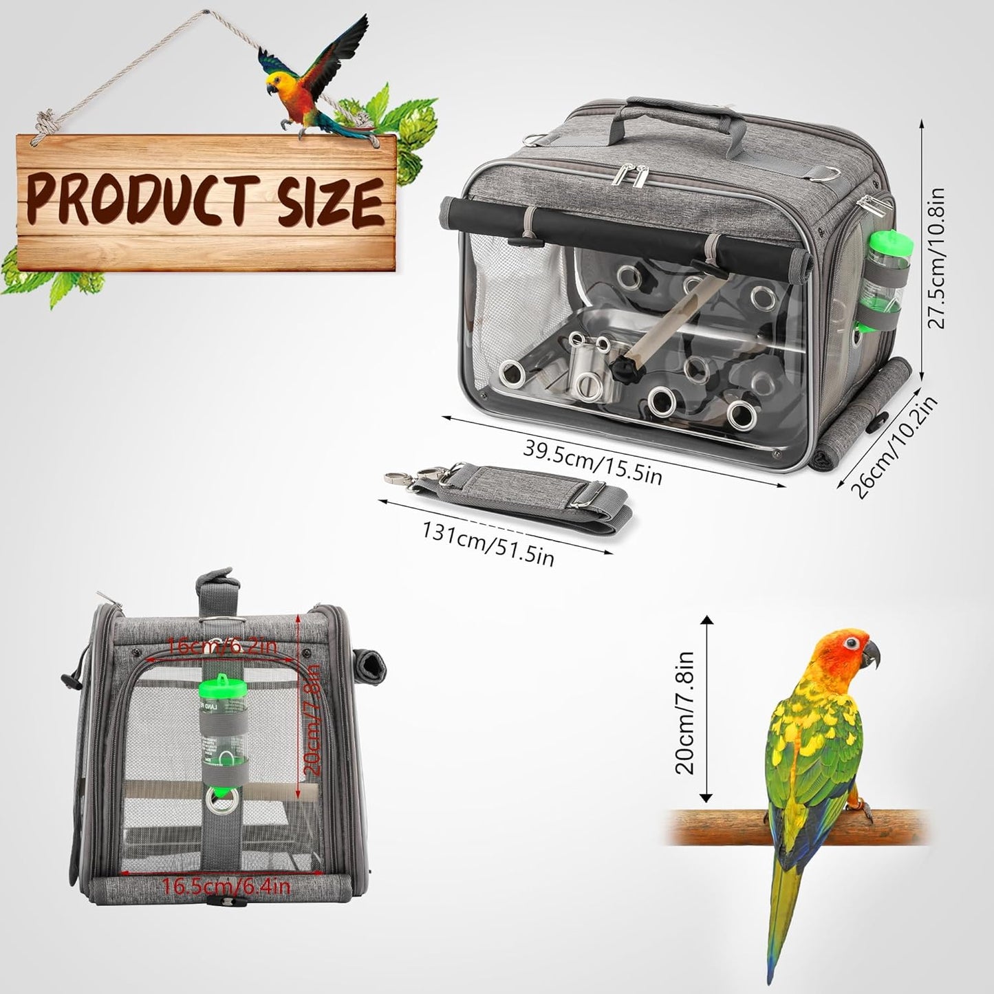 Suertree Bird Carrier Airline Approved, Bird Travel Cage with Indestructible Stainless Steel Mesh, Bird Travel Bag Lightweight and Portable with Water Bottle and Bowl