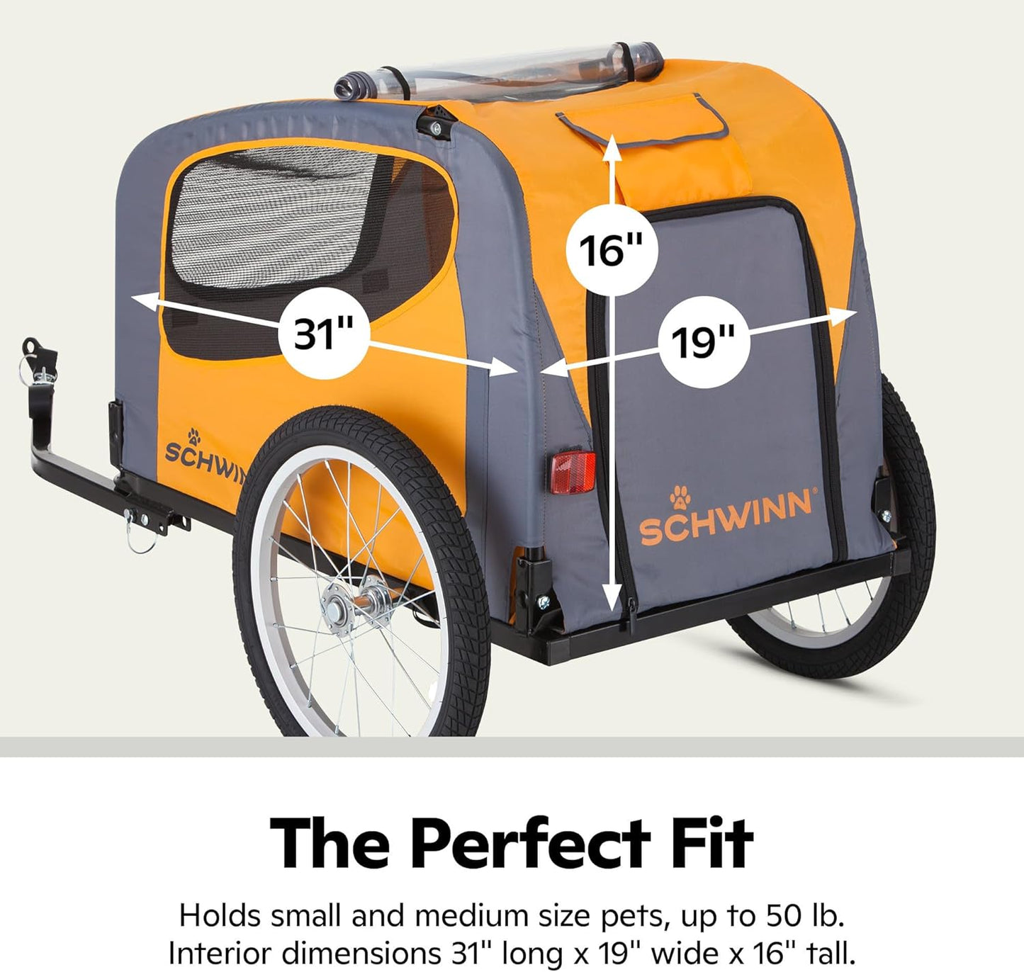 Schwinn Rascal Pet Trailer, Holds Pets Up to 50 or 100 lb, Universal Coupler, Folding Frame, Quick-Release Wheels, Rear Doggy Door, Leash, Washable Liner, Bug Screen, Schwinn Bike Trailer for Pets