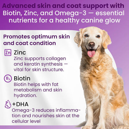 Bio PetActive Dog Zinc and Biotin Supplement Enriched with Omega 3 & Fish Oil | Support Healthy Skin, Coat, Hair and Nail | 500mg Soft Chews Vitamins & Mineral Complex | 75 Tablets