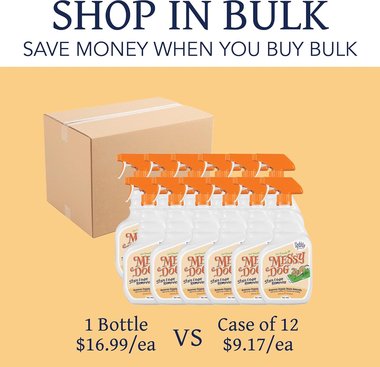 Bobbi Panter Messy Dog Stain & Odor Remover - (Case of 12) Bio-Enzymatic Power, Biodegradable Formula for Tough Stains & Odors, Earth-Friendly & Pet-Safe, Non-Toxic, 32 fl. oz. Spray Bottles