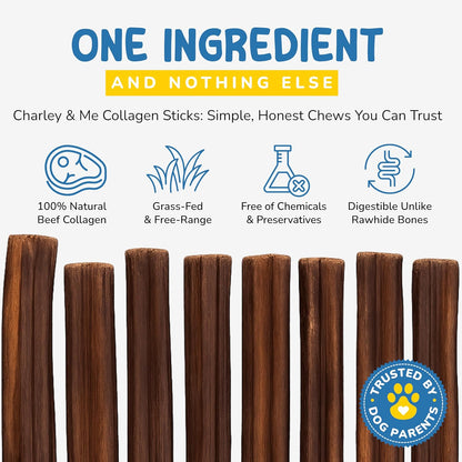 CHARLEY & ME Premium Collagen Sticks for Dogs - Long Lasting Dog Treats, Free Dog Chew Sticks - Hip & Joint Support, Healthy Skin, Shiny Coat - 100% Natural Beef - 6 Inches (Pack of 12)