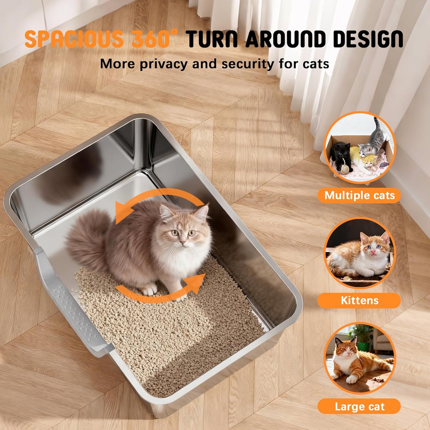 Stainless Steel Litter Box with High Sides,23.6" L X 15.7" W X 7.8" H,Extra Large Jumbo Cat Litter Box,XL Kitty Metal Liter Box for Indoor Big Cat,Non-Sticky,Anti-Leakage(Entry on Long Side)