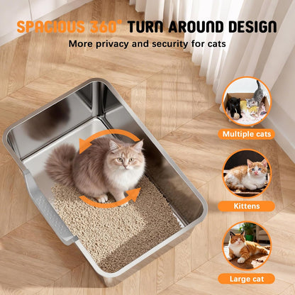 Stainless Steel Litter Box with High Sides,23.6" L X 15.7" W X 7.8" H,Extra Large Jumbo Cat Litter Box,XL Kitty Metal Liter Box for Indoor Big Cat,Non-Sticky,Anti-Leakage(Entry on Long Side)