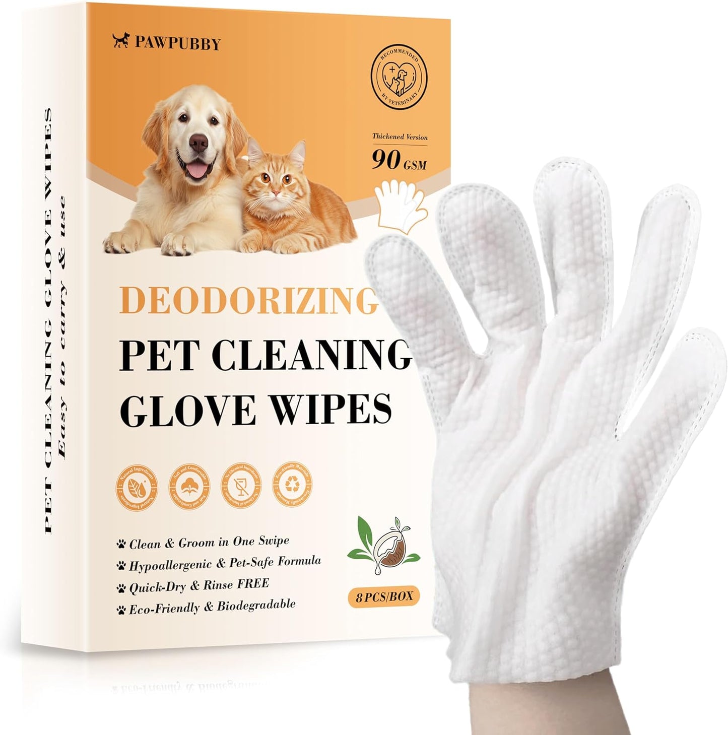 Pet Cleaning Glove Wipes - Coconut Oil & Chamomile Infused, Tame Fur & Banish Odors for Dogs/Cats/Small Furry Pets, Mild Rinse-Free Natural Wipes (8PCS)