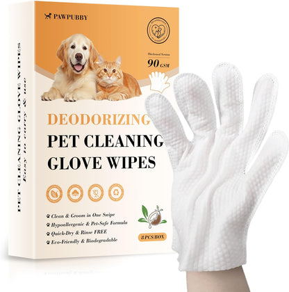 Pet Cleaning Glove Wipes - Coconut Oil & Chamomile Infused, Tame Fur & Banish Odors for Dogs/Cats/Small Furry Pets, Mild Rinse-Free Natural Wipes (8PCS)