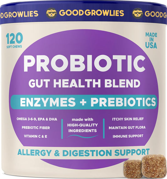 Probiotics for Dogs + Digestive Enzymes - Omega & Pumpkin - Gut Health & Immunity Support - Relieves Diarrhea, Gas, Constipation - Made in USA - 120 Ct (Pack of 1) BBQ Bacon