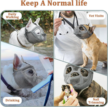 Mayerzon Short Snout Dog Muzzle for French Bulldog with Full Pant Design to Prevent Eating Biting, Soft Mesh Dog Muzzle for Shih Tzu Pug English Bulldog for Grooming Walking, Allow to Drink and Feed