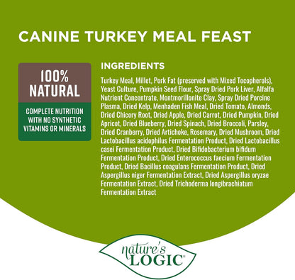 Nature's Logic Dry Dog Food - 100% Natural - No Synthetics - for All Ages, Sizes, Breeds - Free from Common Allergens, High Protein - Turkey Meal Feast, 13lbs