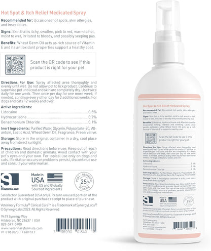 Veterinary Formula Clinical Care Hot Spot & Itch Relief Medicated Spray, 8oz – Easy to Use Spray for Dogs & Cats – Helps Alleviate Sensitive Skin, Scratching, and Licking of Coat (1 Pack)