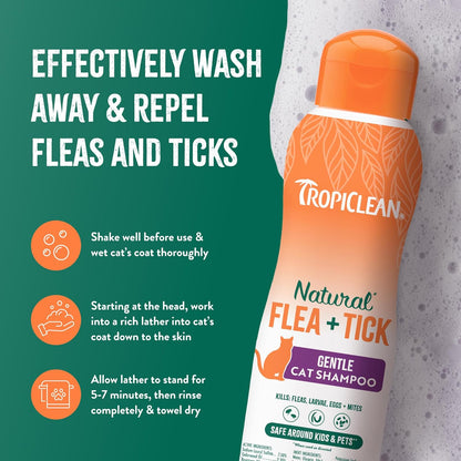TropiClean Gentle Flea Shampoo for Cats, Flea and Tick Prevention for Cats, Powerful & Natural Defense, Made in USA, 12 oz.