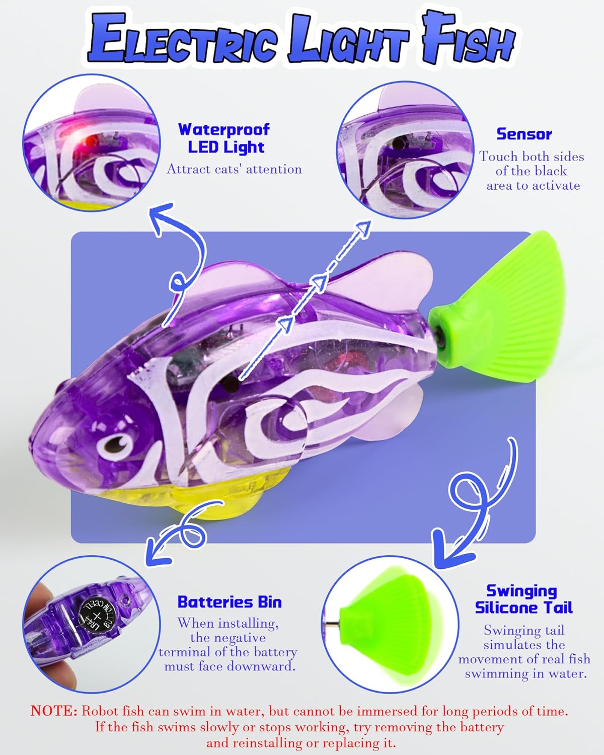 Cat Pool Toy with 3 LED Electric Fish, Robotic Swimming Fish with Flashing Lights-Foldable Cat Pool Proof Kitten Water Play Mat for Indoor Cats Fun Bath & Exercise fishToy 12” Toy （Blue）