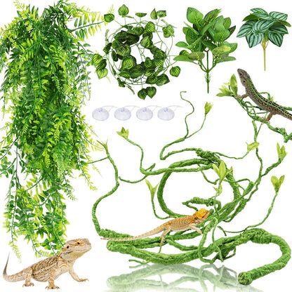 Bearded Dragon Tank Accessories for Habitat, Terrarium Hanging Plants Artificial Leaves Reptile Hide, Leopard Gecko Tank Accessories Hide Terrarium Decor for Lizard Geckos Chameleon Snake