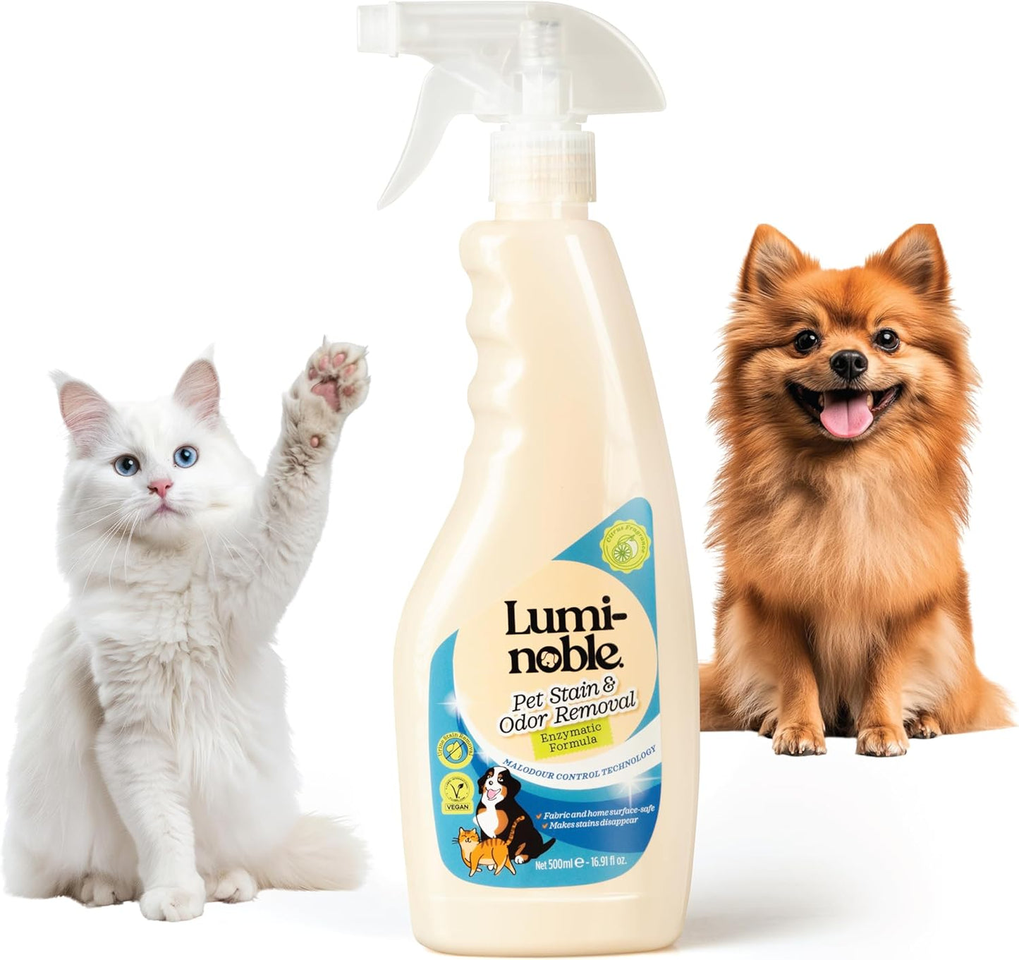 Lumi-Noble Pet Stain & Odor Remover Spray – enzyme cleaner for dog urine and poop carpet, Upholstery & Fabrics – Eliminates Cat Pee, Feces, Vomit & Tough Stains, Eco-Friendly, Vegan, Citrus Scent
