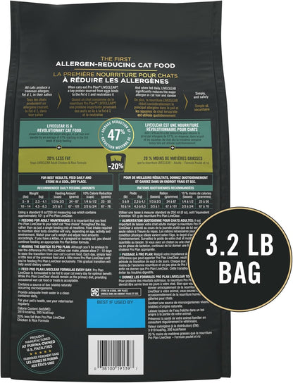 Purina Pro Plan LiveClear Cat Food Weight Management and Cat Allergen Reducer Chicken and Rice Formula - 3.2 lb. Bag