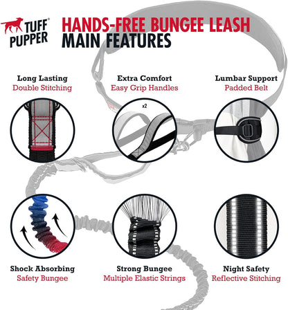 Tuff Pupper Heavy Duty Hands Free Dog Leash | One Large Dog Up to 125 lbs | Comfortable Shock Absorbing Bungee | Reflective Padded Handles | Lumbar Waist Belt 26-38" | Walking Jogging Running Leash