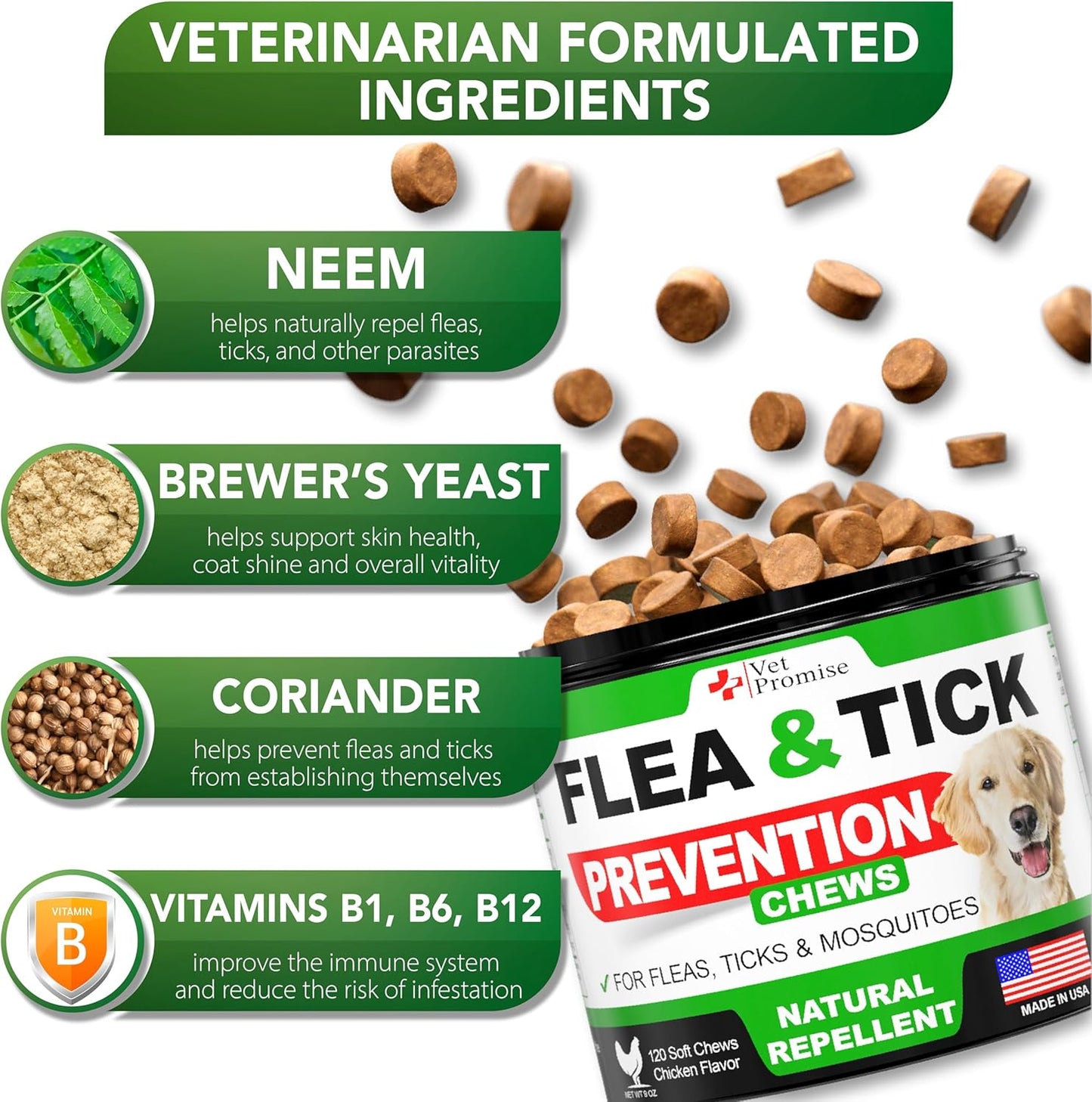 Flea and Tick Prevention for Dogs Chewables - All Natural Flea & Tick Control Chews - Oral Pills for Dogs Supplement - All Breeds and Ages - Made in USA - 120 Tablets