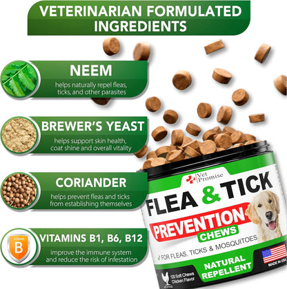 Flea and Tick Prevention for Dogs Chewables - All Natural Flea & Tick Control Chews - Oral Pills for Dogs Supplement - All Breeds and Ages - Made in USA - 120 Tablets